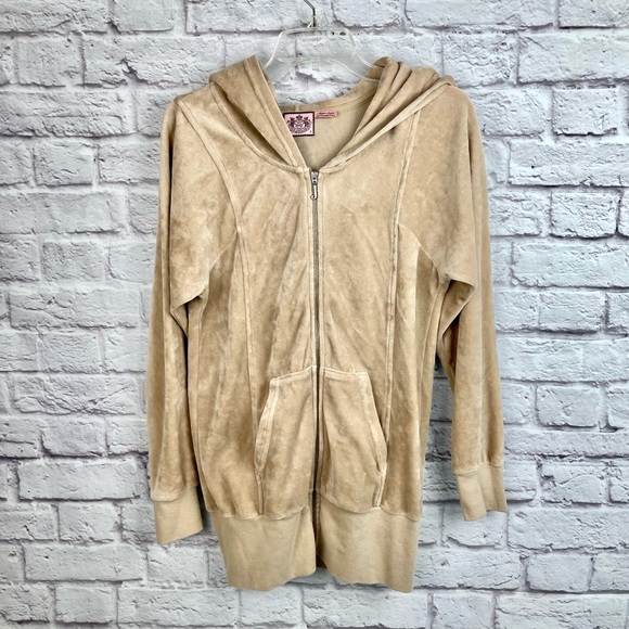 Y2K Vintage Juicy Couture Tan Velour Zip-up Long Jacket Size Small - Picture 1 of 4